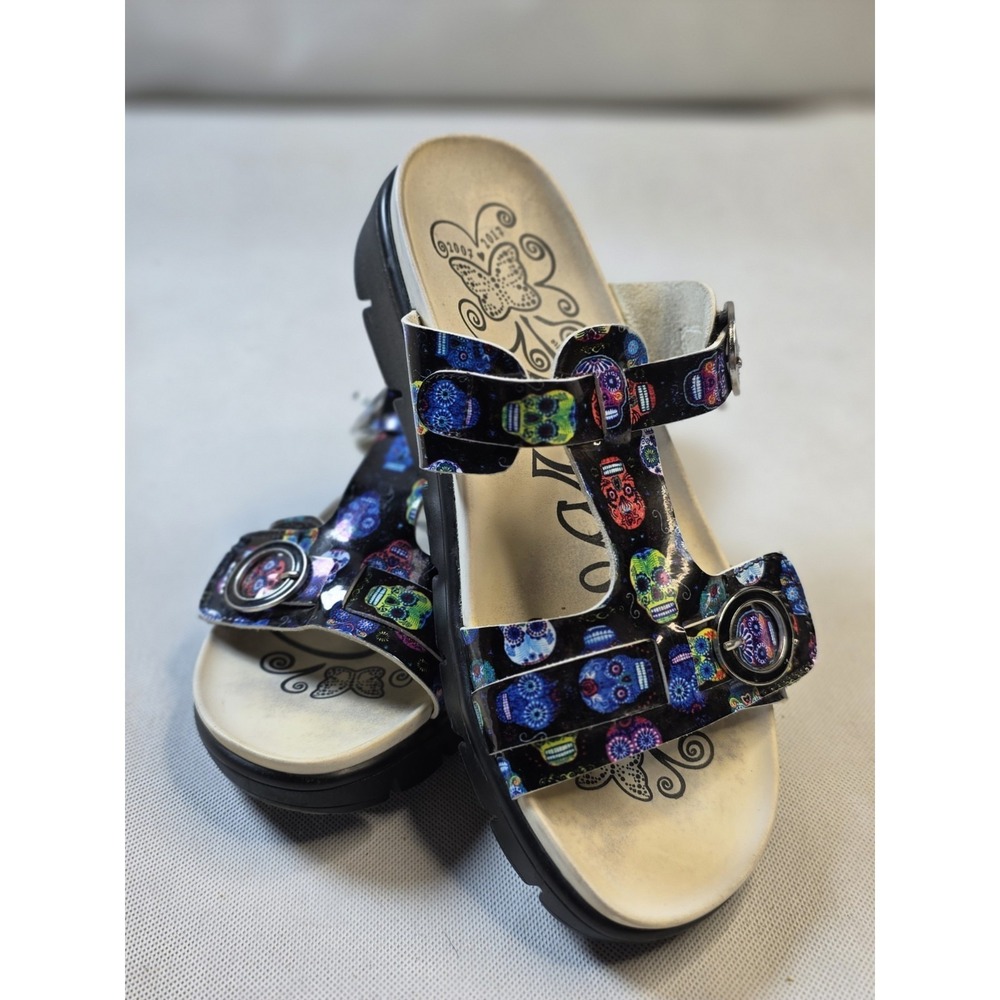 Alegria Womens Black Sugar Skull Vita T-Strap Slide Sandals EU 41 US 10